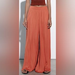 Zara wide leg flowy orange copper silky palazzo pants size Medium
